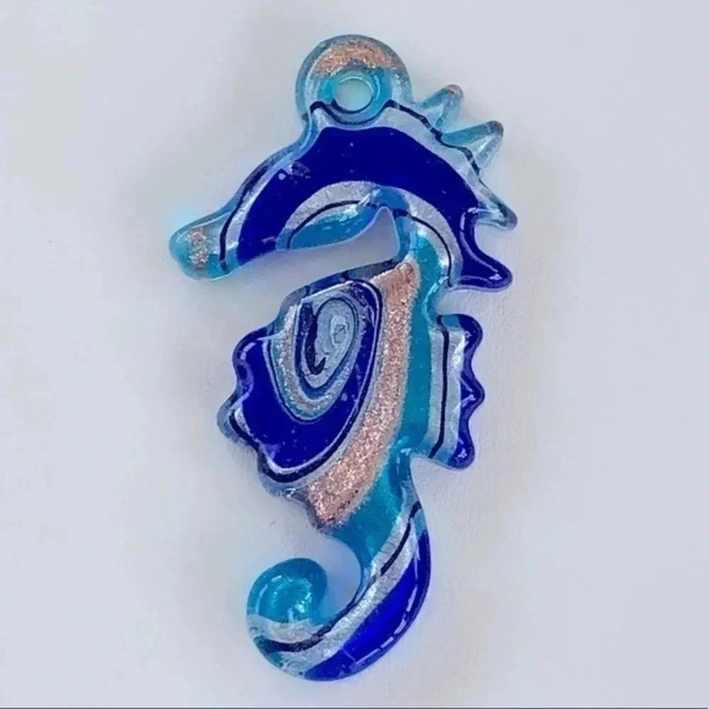 Blue & Gold Murano Glass Handmade Seahorse Necklace Pendant